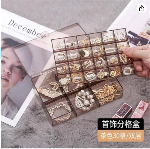 Earring Organizer Acrylic Jewelry Box Clear Tackle Box Organizer Plastic Ring Storage Organizer Tray with 30 different Compartment 2 Layer Travel Case Gift for Women