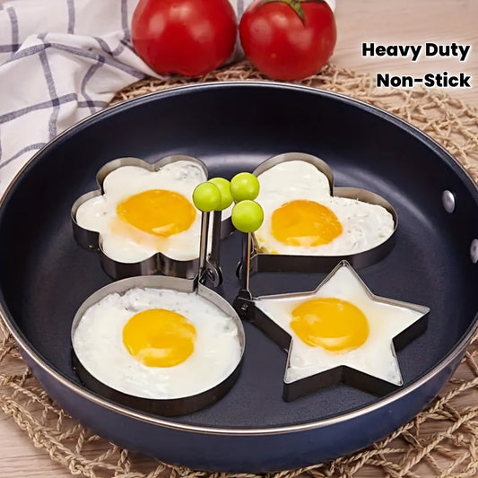4pcs Heavy-Duty Stainless Steel Egg Molds Set with Heart, Star, Flower & Round Shapes - Non-Stick Baking Molds for Induction-Safe Omelets, Frittatas, Cakes, Pastries - Easy-Clean Egg Shapes for