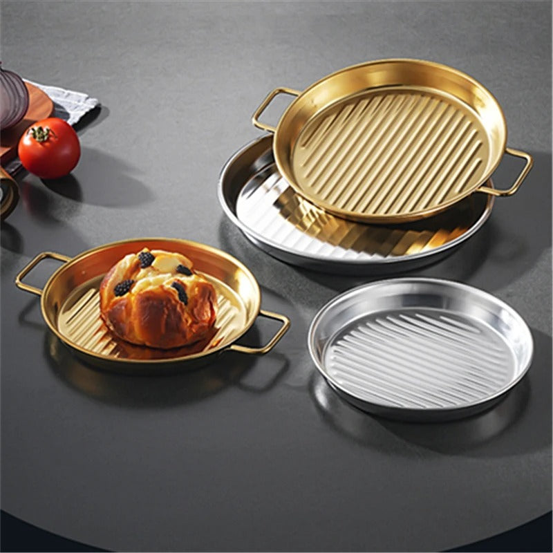 Golden pizza pan premium Quality - Pizza Pan Double Handle High Temperature Resistant Stackable Stainless Steel Mirror Polished Dinner Plate Kitchen Accessoriess Korea Creative Style