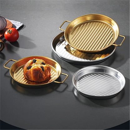 Golden pizza pan premium Quality - Pizza Pan Double Handle High Temperature Resistant Stackable Stainless Steel Mirror Polished Dinner Plate Kitchen Accessoriess Korea Creative Style