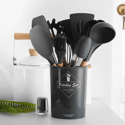 Silicone Kitchen Utensils Set Cooking Utensils Non-stick Cookware Spatula Shovel Egg Beaters Wooden Handle Kitchen Cooking Tool Sets