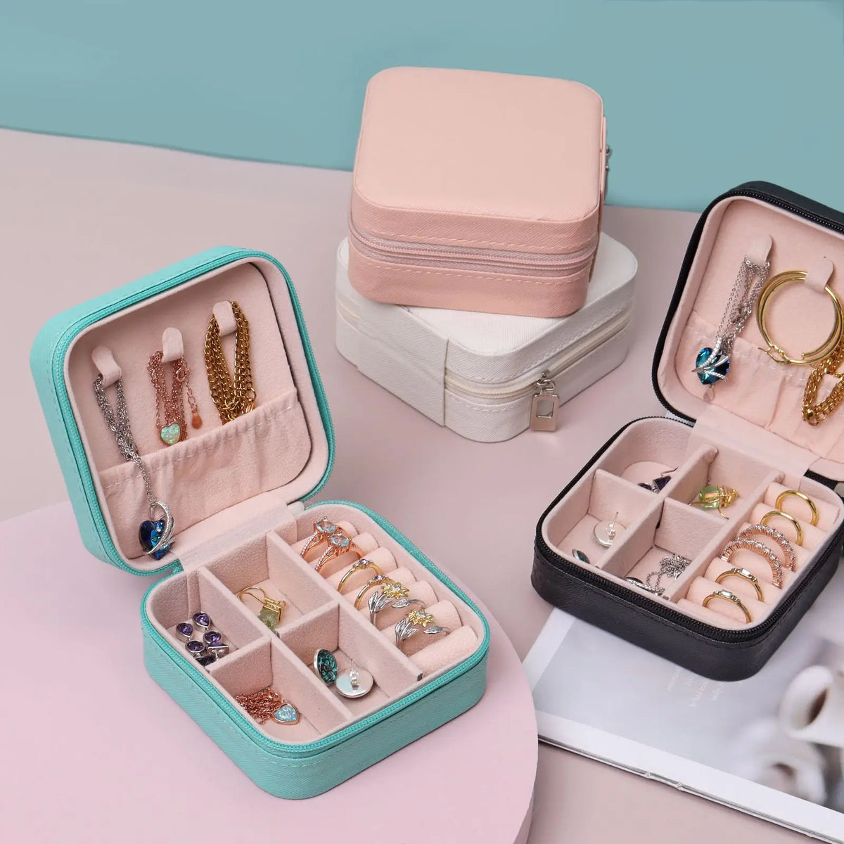 Mini Jewelry Organizer Display Travel Jewelry Zipper Case Boxes Earrings Necklace Ring Portable Jewelry Box Leather Storage