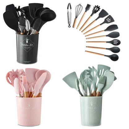 Silicone Kitchen Utensils Set Cooking Utensils Non-stick Cookware Spatula Shovel Egg Beaters Wooden Handle Kitchen Cooking Tool Sets