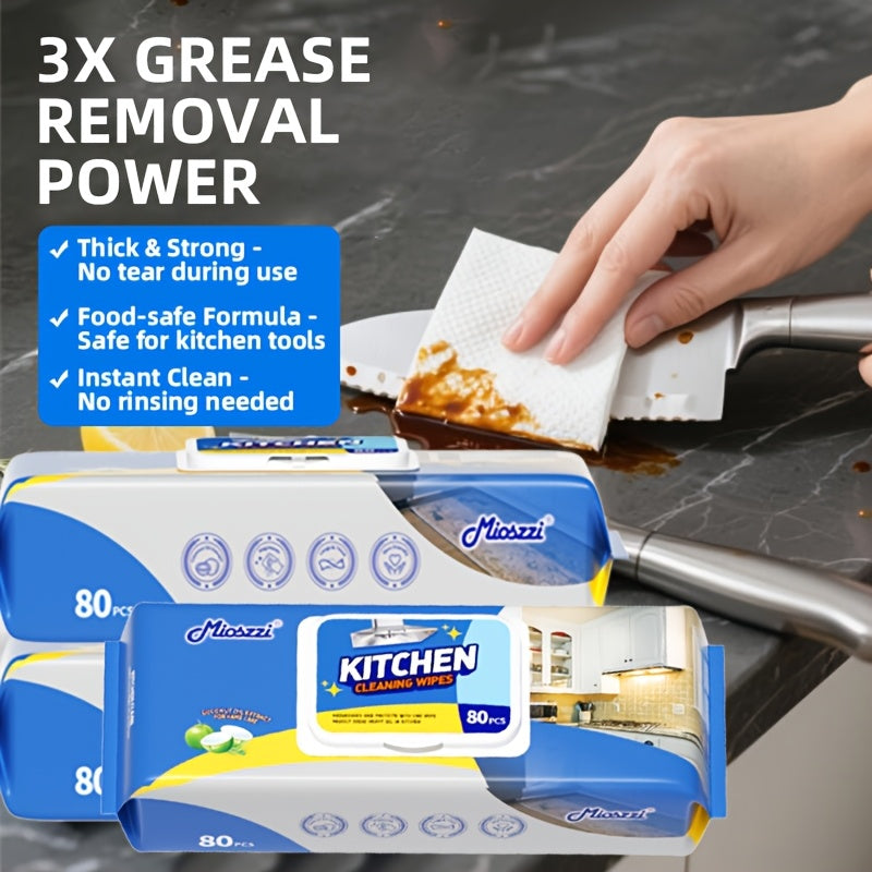 Pack of 80 Multi-Surface Kitchen Cleaning Wipes For Party Preparation, Barbecue, Outdoor RV, Degreasing, Heavy Duty Oil Removal, Granite, Wood, Floor Refrigerator, Grills, Stoves, Knives, Tongs Safe, Paper Towel