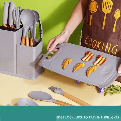 Silicone kitchen utensils set 19-pcs spoons-knifes-chopping board Silicone kitchenware set,19-piece cooking wooden handle scoop,non-stick pan multi-functional integrated knife storage bucket