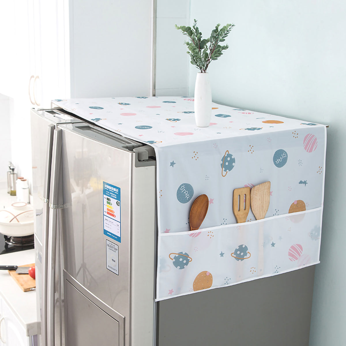 Dustproof fridge cover with pockets, waterproof cover for fridge, oil proof fridge organizer cover, kitchen accessories, kitchen organizer fridge accessories Plastic cover,