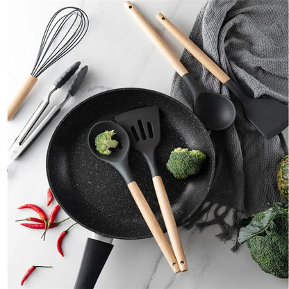 Silicone Kitchen Utensils Set Cooking Utensils Non-stick Cookware Spatula Shovel Egg Beaters Wooden Handle Kitchen Cooking Tool Sets