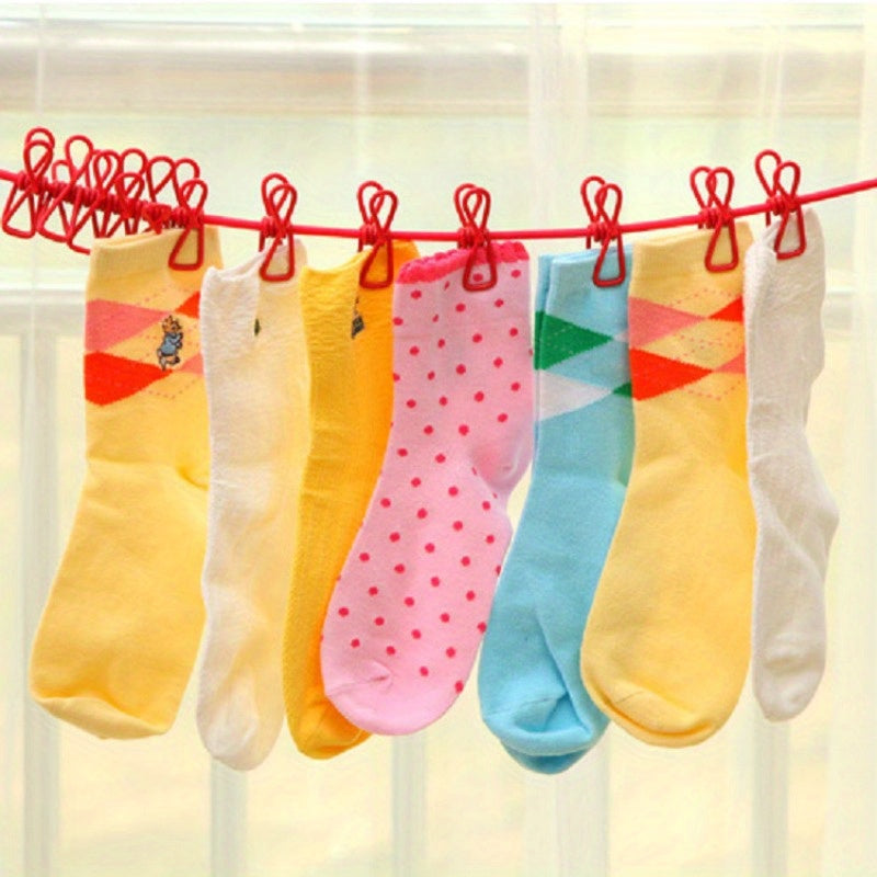 Stretchable Long Elastic Cloth Drying Rope With 12 Metal Clips Hangers Portable Clothes line for Travel/Home Small Places