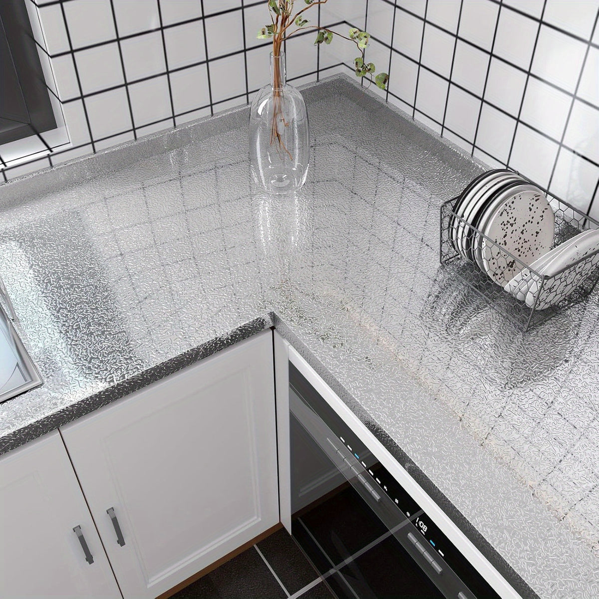 Self Adhesive Aluminium Foil Sticker Roll, Oil Proof Waterproof Aluminium Sheet DIY Wallpaper, Heat Resistant Backsplash Aluminium Sticker for Home, Kitchen, Stove, Cabinet, Wall, Drawers, and Furniture