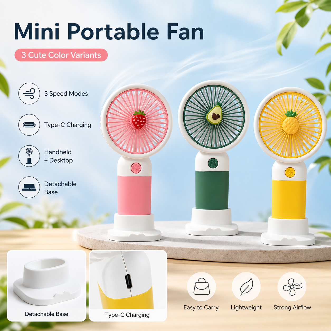Handheld Mini Fan – 3 Speed | Type-C Rechargeable